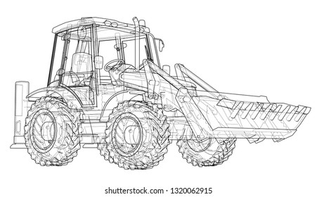 Sketch of Loading Shovel with Back Actor. Vector rendering of 3d. Wire-frame style. The layers of visible and invisible lines are separated