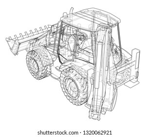 Sketch of Loading Shovel with Back Actor. Vector rendering of 3d. Wire-frame style. The layers of visible and invisible lines are separated