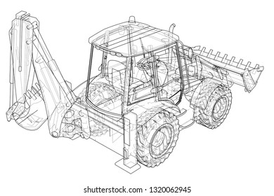 Sketch of Loading Shovel with Back Actor. Vector rendering of 3d. Wire-frame style. The layers of visible and invisible lines are separated