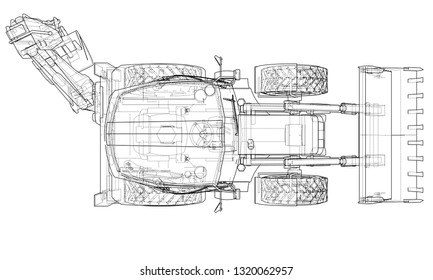 Sketch of Loading Shovel with Back Actor. Vector rendering of 3d. Wire-frame style. The layers of visible and invisible lines are separated