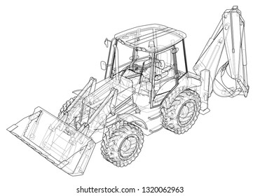 Sketch of Loading Shovel with Back Actor. Vector rendering of 3d. Wire-frame style. The layers of visible and invisible lines are separated