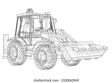 Sketch of Loading Shovel with Back Actor. Vector rendering of 3d. Wire-frame style. The layers of visible and invisible lines are separated