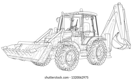 Sketch of Loading Shovel with Back Actor. Vector rendering of 3d. Wire-frame style. The layers of visible and invisible lines are separated
