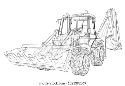 Sketch of Loading Shovel with Back Actor. Vector rendering of 3d. Wire-frame style. The layers of visible and invisible lines are separated