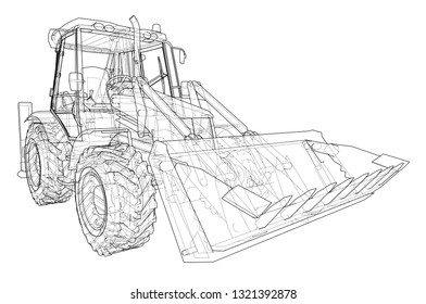 Sketch of Loading Shovel with Back Actor. Vector rendering of 3d. Wire-frame style. The layers of visible and invisible lines are separated