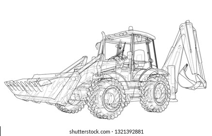 Sketch of Loading Shovel with Back Actor. Vector rendering of 3d. Wire-frame style. The layers of visible and invisible lines are separated