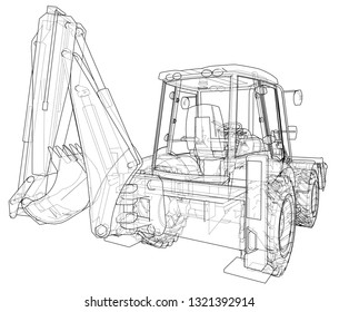 Sketch of Loading Shovel with Back Actor. Vector rendering of 3d. Wire-frame style. The layers of visible and invisible lines are separated