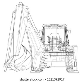 Sketch of Loading Shovel with Back Actor. Vector rendering of 3d. Wire-frame style. The layers of visible and invisible lines are separated