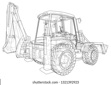 Sketch of Loading Shovel with Back Actor. Vector rendering of 3d. Wire-frame style. The layers of visible and invisible lines are separated