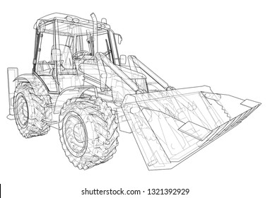 Sketch of Loading Shovel with Back Actor. Vector rendering of 3d. Wire-frame style. The layers of visible and invisible lines are separated