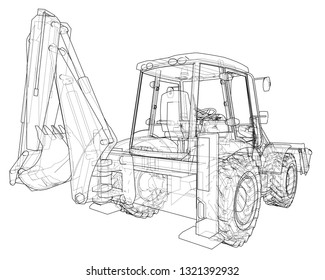 Sketch of Loading Shovel with Back Actor. Vector rendering of 3d. Wire-frame style. The layers of visible and invisible lines are separated