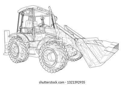 Sketch of Loading Shovel with Back Actor. Vector rendering of 3d. Wire-frame style. The layers of visible and invisible lines are separated