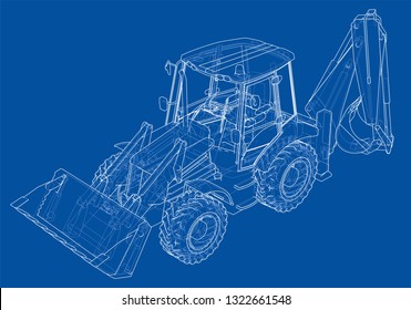 Sketch of Loading Shovel with Back Actor. Vector rendering of 3d. Wire-frame style. The layers of visible and invisible lines are separated