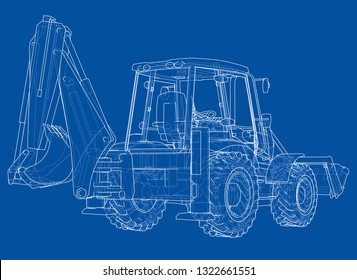 Sketch of Loading Shovel with Back Actor. Vector rendering of 3d. Wire-frame style. The layers of visible and invisible lines are separated