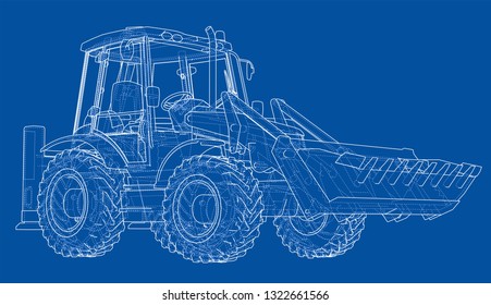 Sketch of Loading Shovel with Back Actor. Vector rendering of 3d. Wire-frame style. The layers of visible and invisible lines are separated