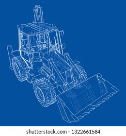 Sketch of Loading Shovel with Back Actor. Vector rendering of 3d. Wire-frame style. The layers of visible and invisible lines are separated