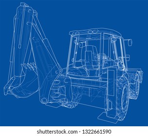 Sketch of Loading Shovel with Back Actor. Vector rendering of 3d. Wire-frame style. The layers of visible and invisible lines are separated