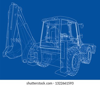 Sketch of Loading Shovel with Back Actor. Vector rendering of 3d. Wire-frame style. The layers of visible and invisible lines are separated