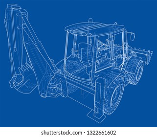 Sketch of Loading Shovel with Back Actor. Vector rendering of 3d. Wire-frame style. The layers of visible and invisible lines are separated