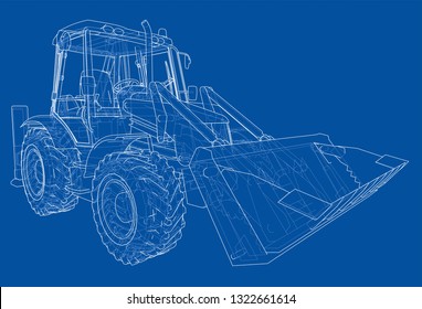 Sketch of Loading Shovel with Back Actor. Vector rendering of 3d. Wire-frame style. The layers of visible and invisible lines are separated