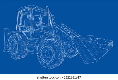Sketch of Loading Shovel with Back Actor. Vector rendering of 3d. Wire-frame style. The layers of visible and invisible lines are separated