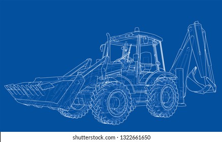 Sketch of Loading Shovel with Back Actor. Vector rendering of 3d. Wire-frame style. The layers of visible and invisible lines are separated