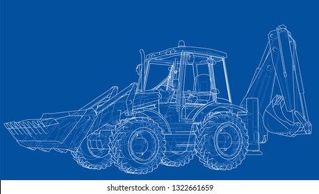 Sketch of Loading Shovel with Back Actor. Vector rendering of 3d. Wire-frame style. The layers of visible and invisible lines are separated