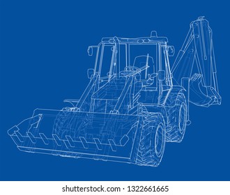 Sketch of Loading Shovel with Back Actor. Vector rendering of 3d. Wire-frame style. The layers of visible and invisible lines are separated