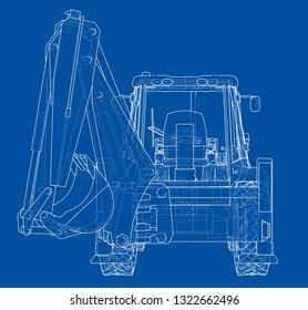 Sketch of Loading Shovel with Back Actor. Vector rendering of 3d. Wire-frame style. The layers of visible and invisible lines are separated