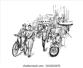 Sketch Of The Local Market In India, Show People Along Street, Hand Draw