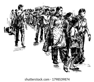 Sketch of the local people are walking At market in India hand draw 