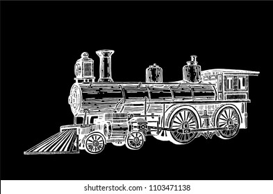 Sketch of locomotive isolated on black background,vector graphical illustration