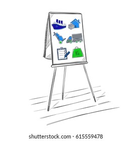 Sketch logistic business presentation template with colored transport and delivery elements on flipchart isolated vector illustration