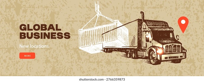 Sketch logistics collage background. Global shipping, delivery, worldwide transport concept. Retro hand drawn isolated vector illustration.