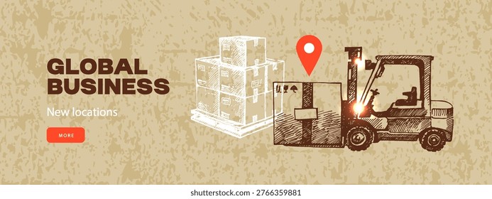 Sketch logistics collage background. Global shipping, delivery, worldwide transport concept. Retro hand drawn isolated vector illustration.