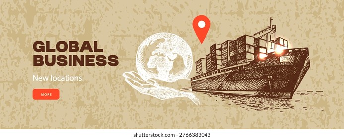 Sketch logistics collage background. Global shipping, delivery, worldwide transport concept. Retro hand drawn isolated vector illustration.