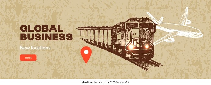 Sketch logistics collage background. Global shipping, delivery, worldwide transport concept. Retro hand drawn isolated vector illustration.