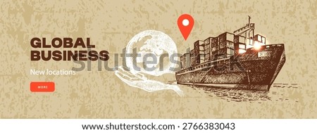 Sketch logistics collage background. Global shipping, delivery, worldwide transport concept. Retro hand drawn isolated vector illustration.