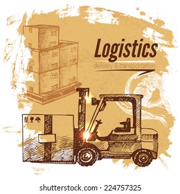 Sketch logistics and delivery background. Hand drawn vector illustration