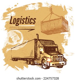 Sketch Logistics And Delivery Background. Hand Drawn Vector Illustration