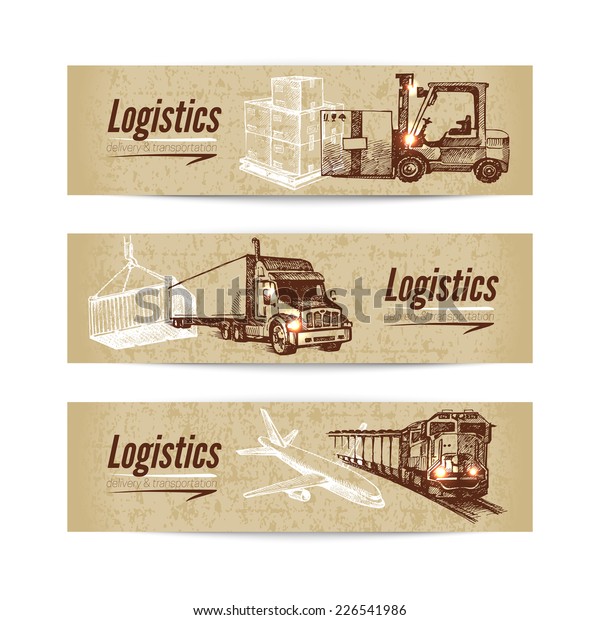 Sketch logistics and delivery\
banner set. Cardboard backgrounds. Hand drawn vector\
illustration