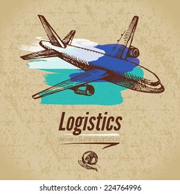 Sketch Logistics And Delivery Poster. Cardboard Background. Hand Drawn Vector Illustration