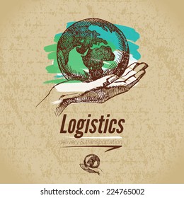 Sketch Logistics And Delivery Poster. Cardboard Background. Hand Drawn Vector Illustration