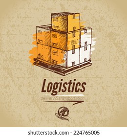 Sketch Logistics And Delivery Poster. Cardboard Background. Hand Drawn Vector Illustration	