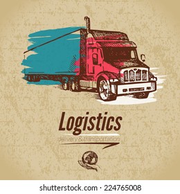 Sketch Logistics And Delivery Poster. Cardboard Background. Hand Drawn Vector Illustration