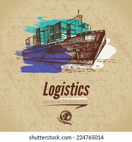 Sketch logistics and delivery poster. Cardboard background. Hand drawn vector illustration