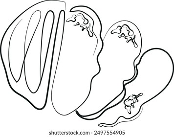 sketch logo for a bakery, namely half a loaf of bread and tree porous pieces of bread, line art	