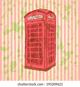 Sketch London phone cabin, vector vintage background