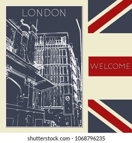 Sketch of London. Suitable for invitation, flyer, sticker, poster, banner, card, label, cover, web. Vector illustration.