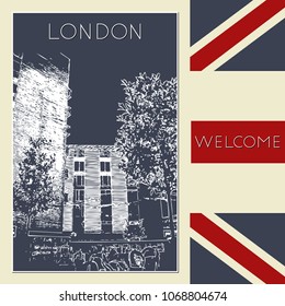 Sketch of London. Suitable for invitation, flyer, sticker, poster, banner, card, label, cover, web. Vector illustration.